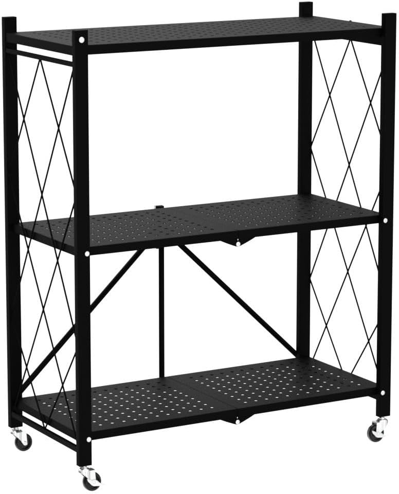 ALANNG Storage Shelves with Wheels, Bookshelf with Storage, No Assembly Metal Rack Cart for Kitchen, Office, Laundry, Garage (3 Tier, Black)
