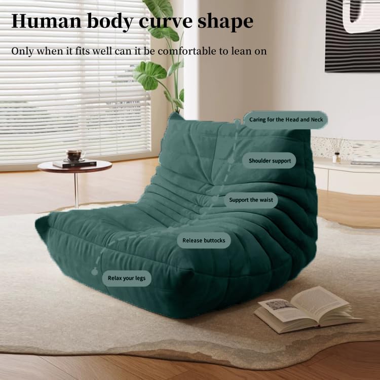 Bean Bag Chair - Memory Foam Bean Bag Chair for Adults, Comfy High-Resilience Single Sofa, Small Space Floor Chair, Chaise Lounge for Living Room, Bedroom(Dark Green, Wrinkles+Ottoman)