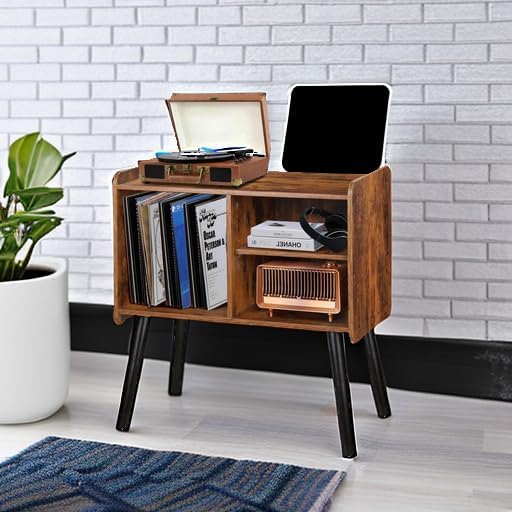 Record Player Stand with Vinyl Record Storage, Mid-Century Turntable Stand for Living Room Bedroom Office, Record Player Table, Vinyl Holder Holds up to 100 Albums, Rustic Brown