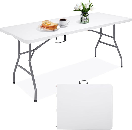 6 FT Folding Table for Indoor Outdoor, Portable Heavy Duty Folding Camping Tables for Eating, Fold-in-Half Plastic Dining Picnic Party Utility Card Table with Carrying Handle, 71x29 inch