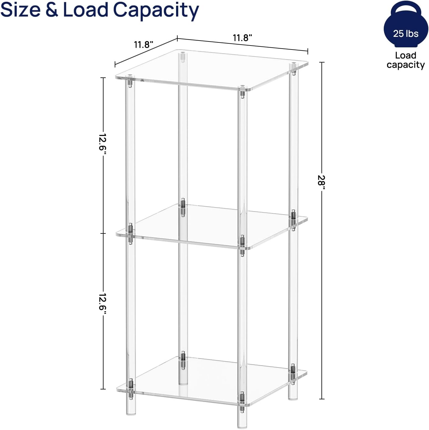 HMYHUM Acrylic Side Table for Small Spaces, 11.8" L x 11.8" W x 28" H, Small Nightstand/Bedside/End Table for Living Room, Bedroom, 3-Tier, Square, Clear
