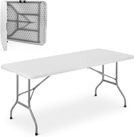 Athena Collection 6 ft Square Folding Dining Table, Large Plastic Foldable Table Portable with Carry Handle, Heavy Duty Fold-in-Half Utility for Indoor Outdoor Party Camping Picnic, White