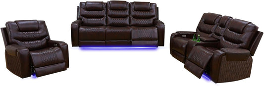 3+2+1 PU Leather Power Sectional Sofa Set, Living Room Furniture, Reclining Couch, Loveseat, Chair with LED Lights/USB Ports/Storage Console/Cup Holders/Wireless Chargers/Coffee Table for RV Theater