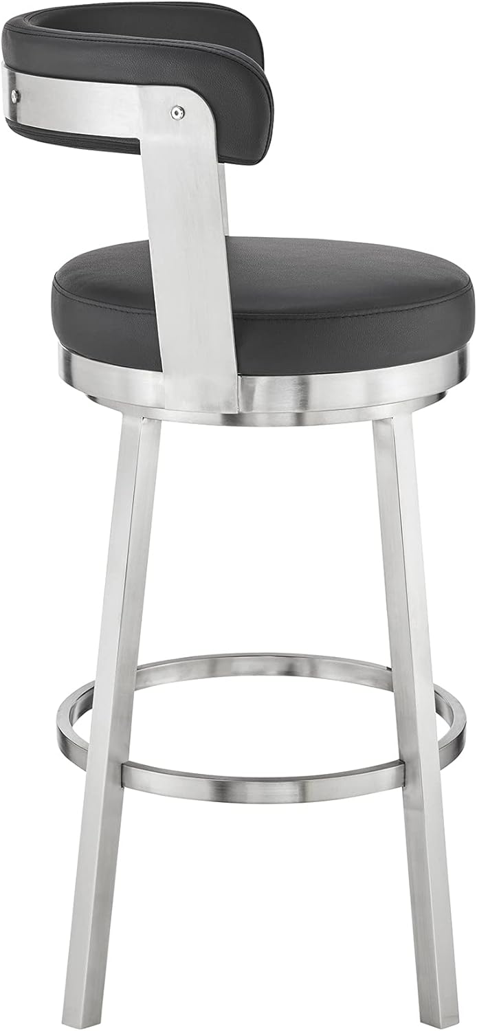 Armen Living Bryant Modern 26" Seat Height Black Faux Leather and Brushed Stainless Steel Metal Swivel Bar Stool for Kitchen Island Counter