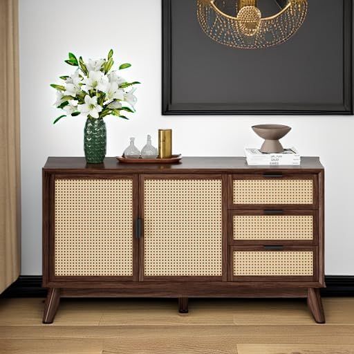 Bme Rattan Pre-Assembled Buffet Sideboard with 3 Drawers & 2 Doors, 58" Accent Console Table Living Room, Kitchen, Dining, Walnut, Jasper Storage Cabinet