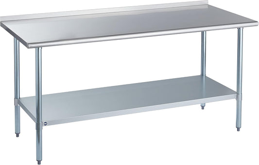 ROCKPOINT Stainless Steel Table for Prep & Work with Backsplash 30x72 Inches, NSF Metal Commercial Kitchen Heavy Duty Table with Adjustable Under Shelf and Table Foot for Restaurant, Home and Hotel