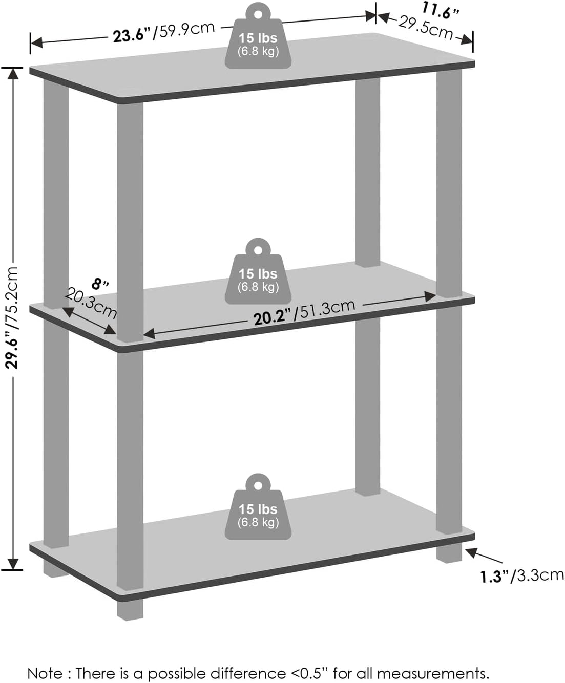 Furinno Turn-S-Tube 3-Tier Compact Multipurpose Shelf Display Rack with Square Tube, Amber Pine/Black, Set of 2