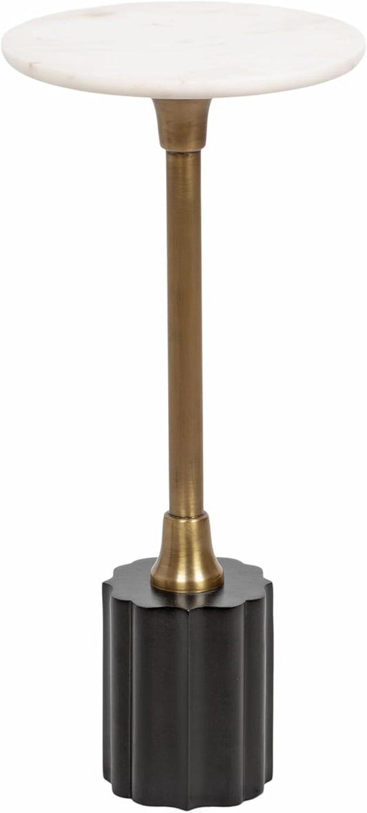 Kate and Laurel Nisha Traditional Marble Round Drink Table, 10 x 10 x 22, White Marble, Antique Brass, and Black, Vintage Mango Wood Circle Mini Table for Use as Plant Stand or Living Room Decor