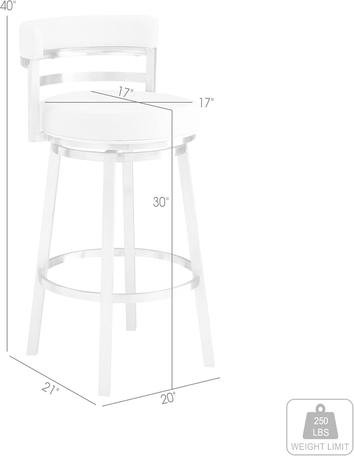 Armen Living Titana 30" Bar Height Swivel White Faux Leather and Brushed Stainless Steel Bar Stool