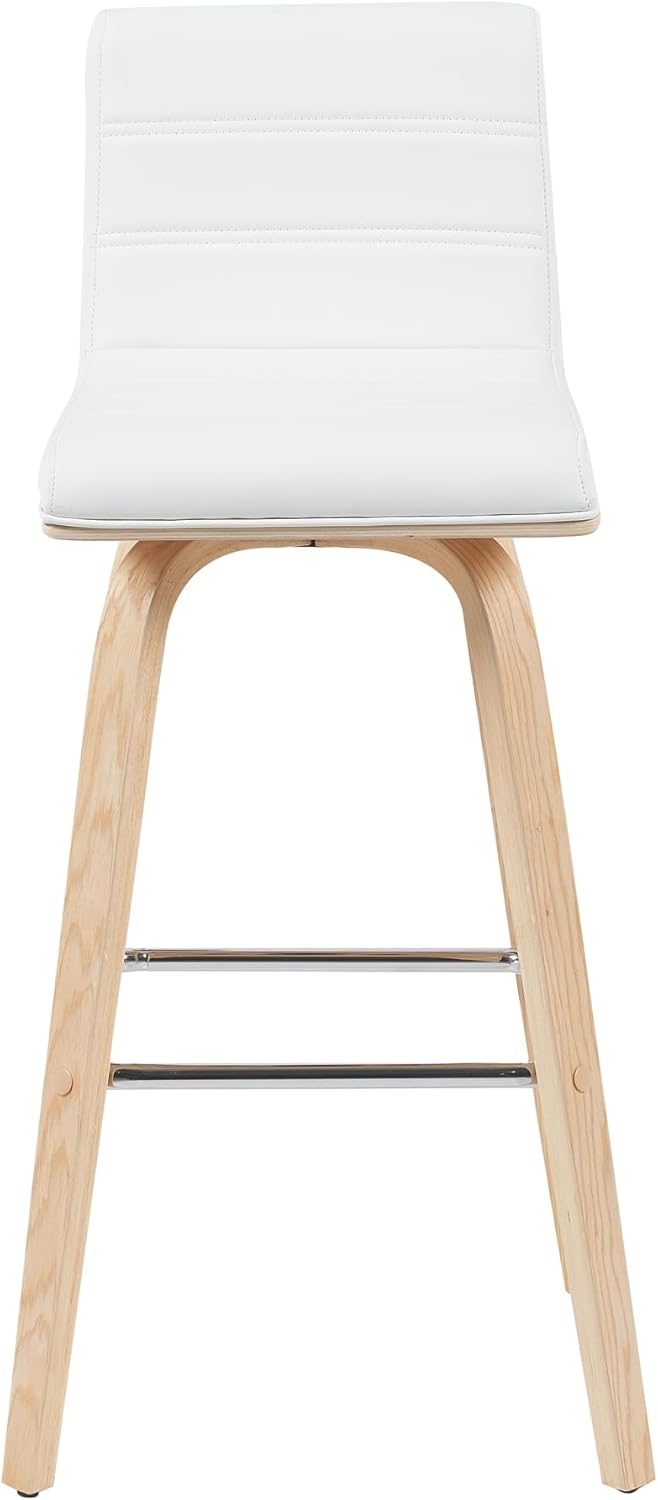 Vienna Modern Swivel Bar Height Stool with White Faux Leather Seat and Patterned Oak Wood Frame Set of 2