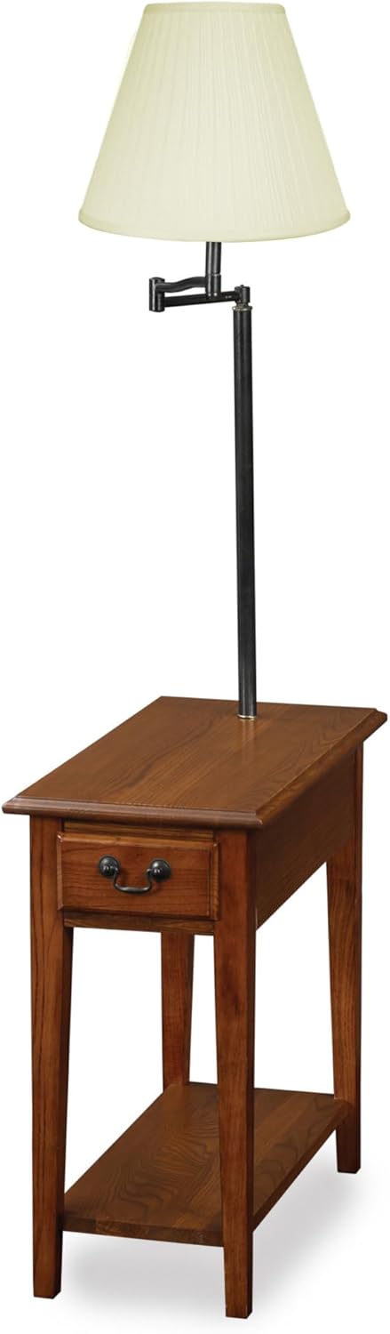 Haven Ridge Solid Wood Side Table with Built-In Swing Arm Lamp and Drawer, Medium Oak Brown, Perfect for Entryways, Living Rooms, and Small Spaces – Leick Home, 9037-MED