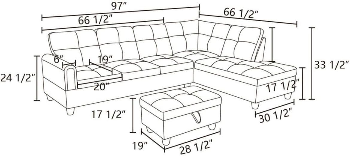 Beige L-Shaped 3-Piece Flannel Sofa with Storage Ottoman Set, Sectional Couch Sofa Set for Living Room, Office, Small Space