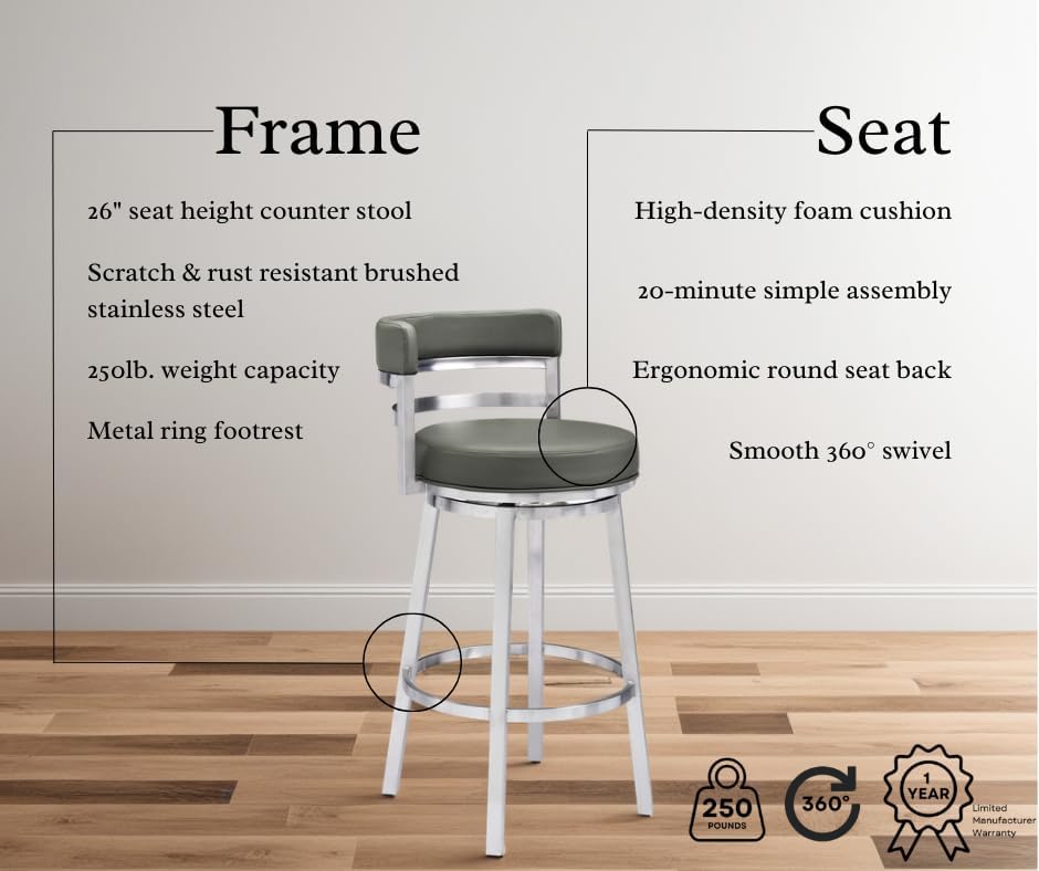 Armen Living Madrid 26" Counter Height Swivel Modern Gray Faux Leather and Brushed Stainless Steel Bar Stool for Kitchen Island Counter