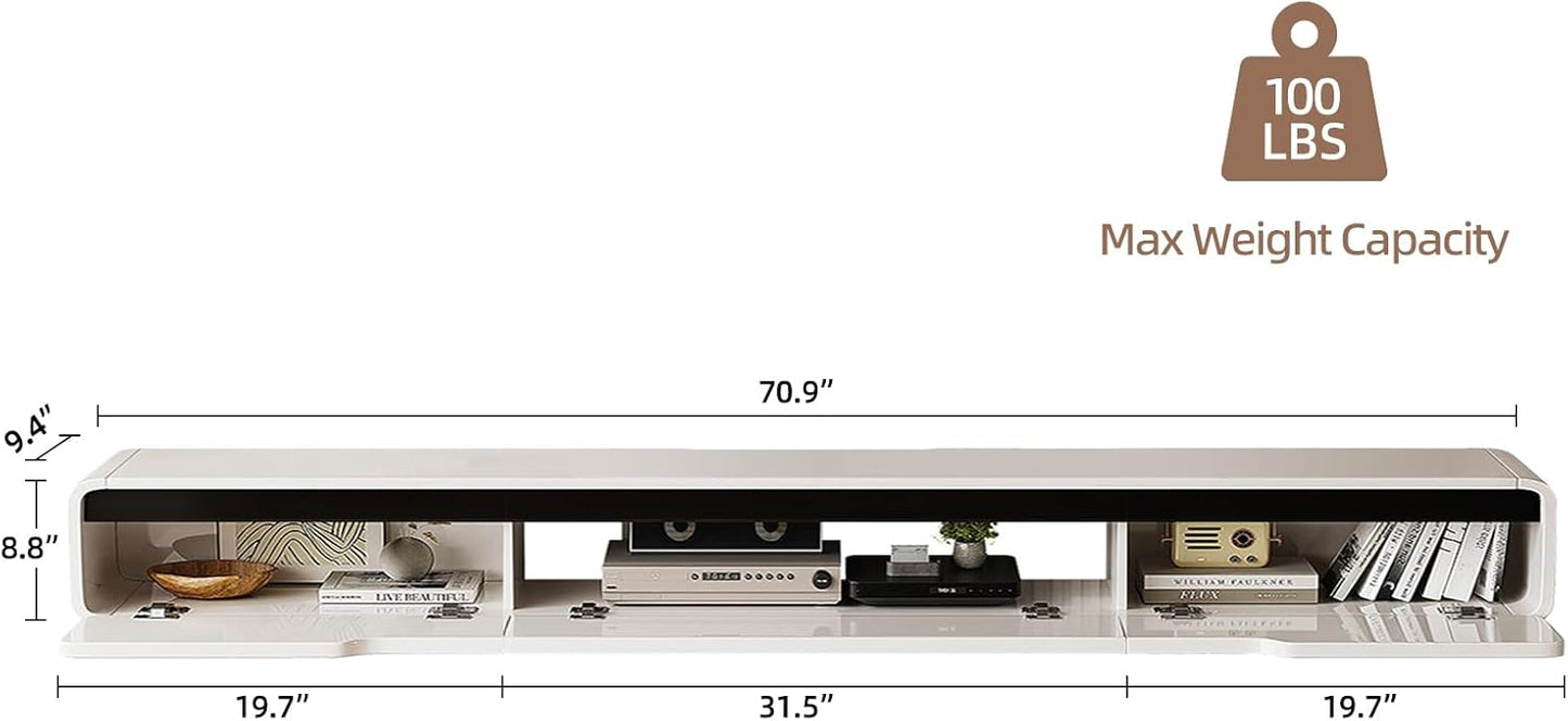 High Gloss Floating TV Stand with 3 Doors,70'' Wall Mounted TV Cabinet,Under TV Console,Floating Media Shelft for Bedroom Living Room(White)