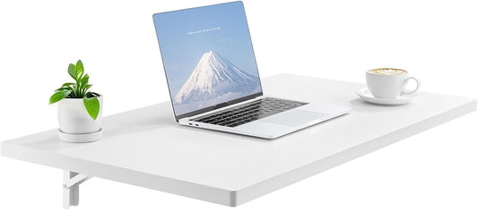 VEVOR Wall Mounted Folding Table, 35.4 x 19.7 inches Wall Mount Table, Floating Desk with Iron Bracket for Small Spaces, Home Office, Dining, Laundry Room, Kitchen, Bar, White