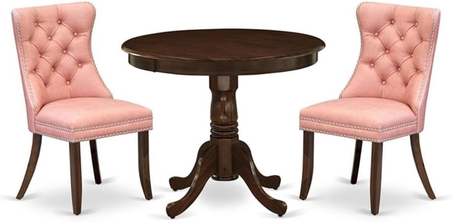 East West Furniture ANDA3-AWA-23 3 Piece Dining Set Contains a Round Kitchen Table with Pedestal and 2 Polyester Fabric Upholstered Parson Chairs, 36x36 Inch, Antique Walnut