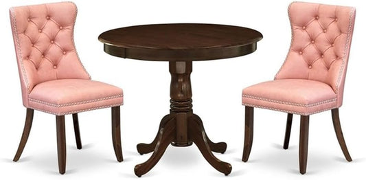 East West Furniture ANDA3-AWA-23 3 Piece Dining Set Contains a Round Kitchen Table with Pedestal and 2 Polyester Fabric Upholstered Parson Chairs, 36x36 Inch, Antique Walnut