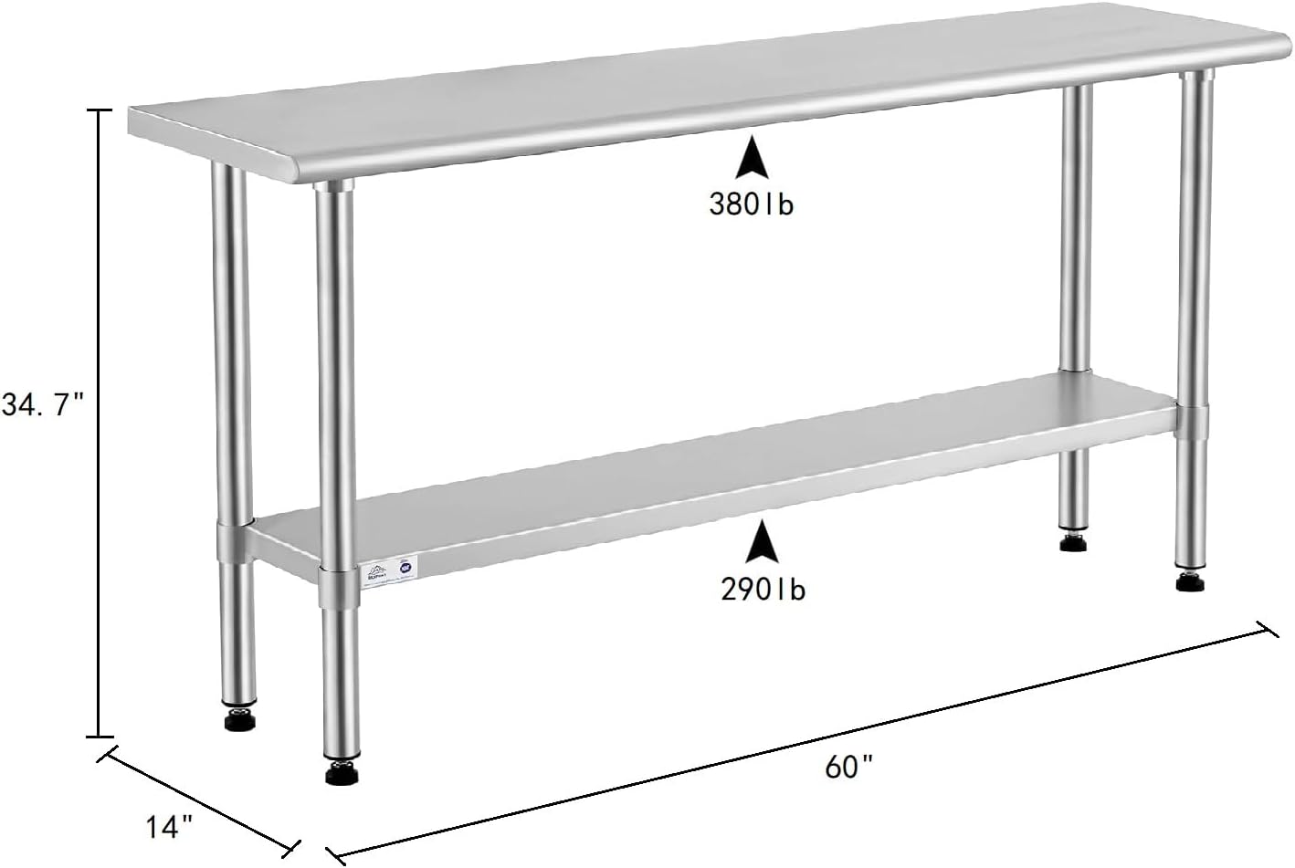 ROCKPOINT Stainless Steel Table for Prep & Work 14x60 Inches, NSF Metal Commercial Kitchen Heavy Duty Table with Adjustable Under Shelf and Table Foot for Restaurant, Home and Hotel
