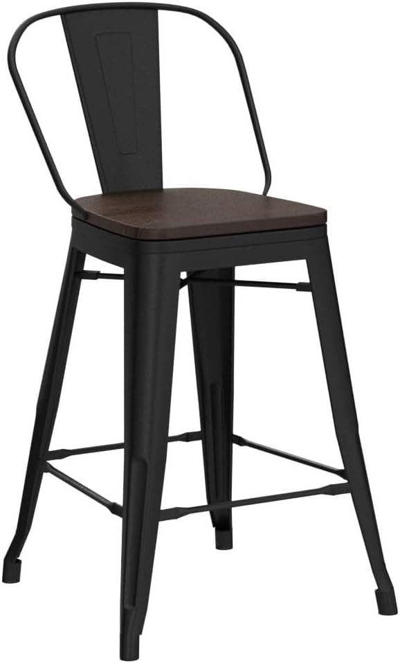 Yongqiang 26 inch Bar Stools Set of 4 High Back Metal Kitchen Counter Height Bar Chairs Barstools with Large Wooden Seat Industrial Matte Black