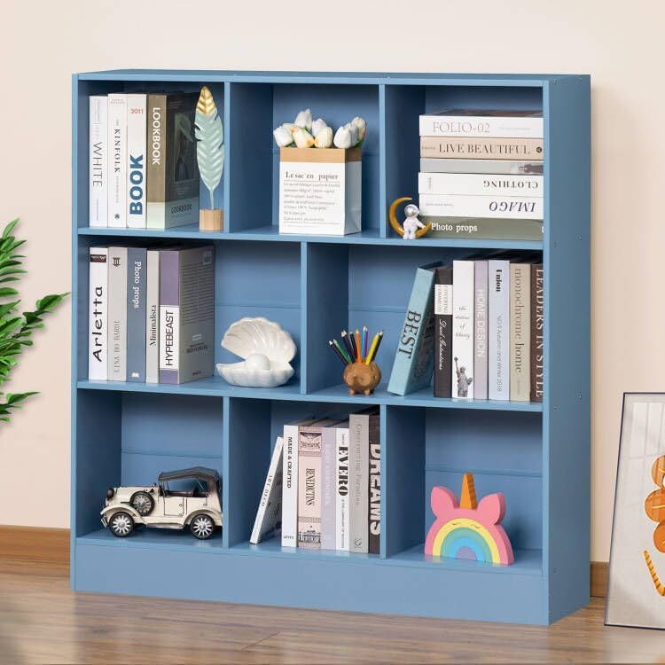 YAHARBO 3 Tier Bookshelf,Wide Kids Horizontal Bookcase,8 Cube Blue Book Shelf,Large Display Toy Storage Cabinet with Base,Floor Standing Modern Bookcases Organizer for Bedroom,Nursery,Playroom
