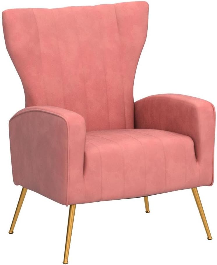 Container Furniture Direct Modern Velvet Accent Chair, Channel Tufted Bedroom, Office or Living Room Furniture with Elegant Metal Legs, 26" Wide Armchair, Rose