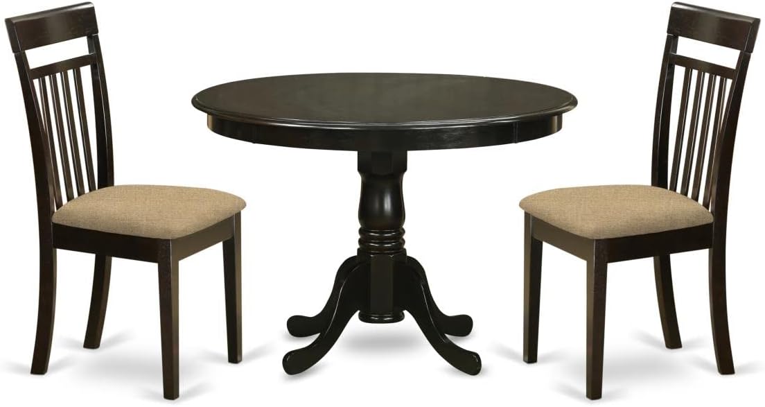 East West Furniture HLCA3-CAP-C 3 Piece Modern Dining Table Set Contains a Round Wooden Table with Pedestal and 2 Linen Fabric Upholstered Dining Chairs, 42x42 Inch, Cappuccino