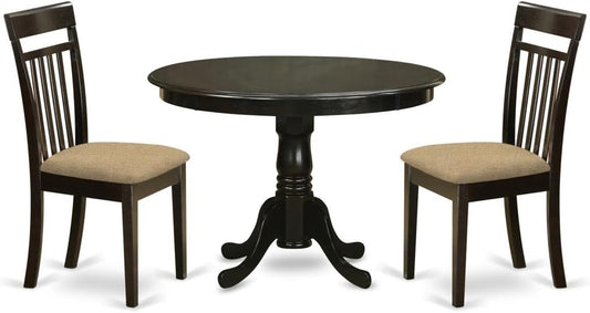 East West Furniture HLCA3-CAP-C 3 Piece Modern Dining Table Set Contains a Round Wooden Table with Pedestal and 2 Linen Fabric Upholstered Dining Chairs, 42x42 Inch, Cappuccino