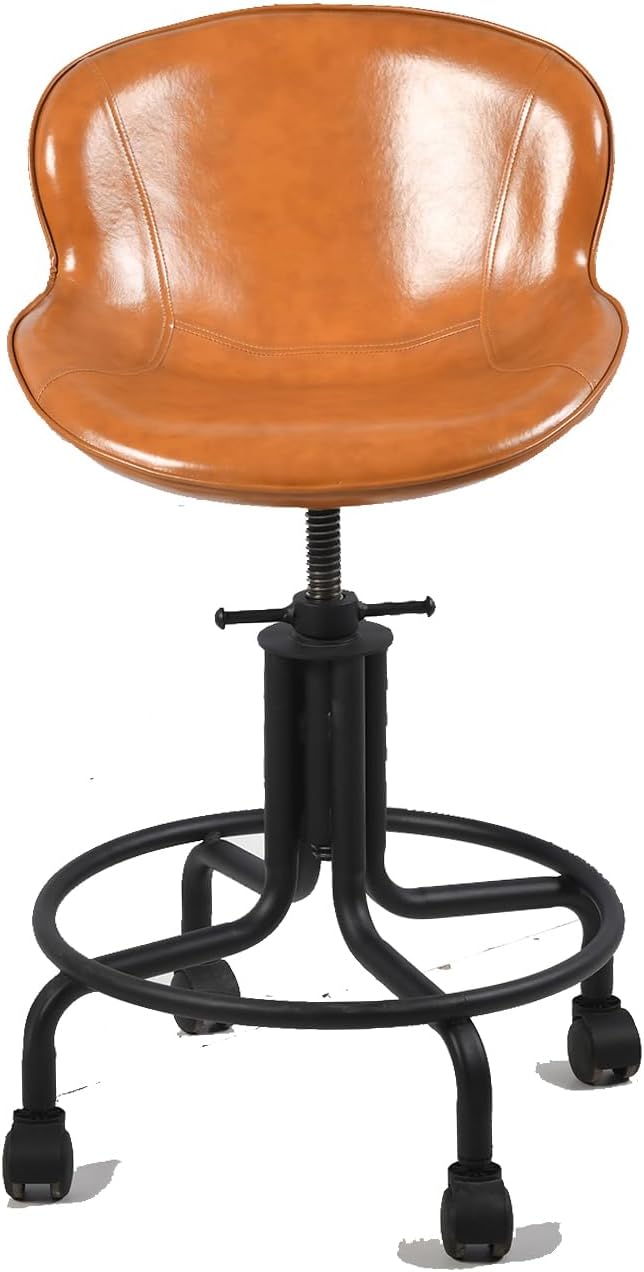 Topower Antique Industrial Design Metal Adjustable Height Kitchen Dining Breakfast Chair Industrial Style Bar Stool with Wheels, Fully Welded, Cinnamon PU Leather Seat