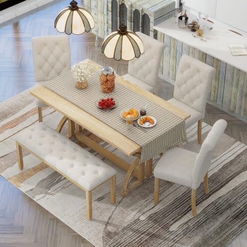 SogesHome 6-Piece Dining Table Set with Upholstered Chairs and Bench, Modern Retro Rectangular Kitchen Table, Rustic Farmhouse Style Decor Dining Table for Dining Room, Breakfast (Natural Wood Wash)