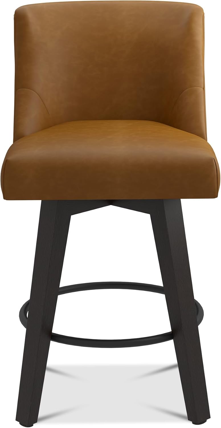 Bar Stools Set of 2, 26" H Counter Height Swivel Bar Stools, Upholstered Kitchen Island Counter Stools with Back and Solid Wood Legs, Faux Leather in Rustic Brown