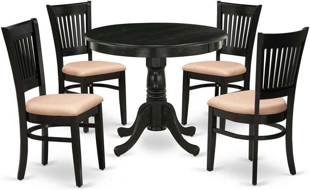 East West Furniture ANVA5-BLK-C 5 Piece Dining Room Furniture Set Includes a Round Dining Table with Pedestal and 4 Linen Fabric Upholstered Chairs, 36x36 Inch, Black