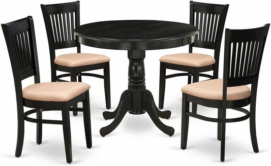 East West Furniture ANVA5-BLK-C 5 Piece Dining Room Furniture Set Includes a Round Dining Table with Pedestal and 4 Linen Fabric Upholstered Chairs, 36x36 Inch, Black