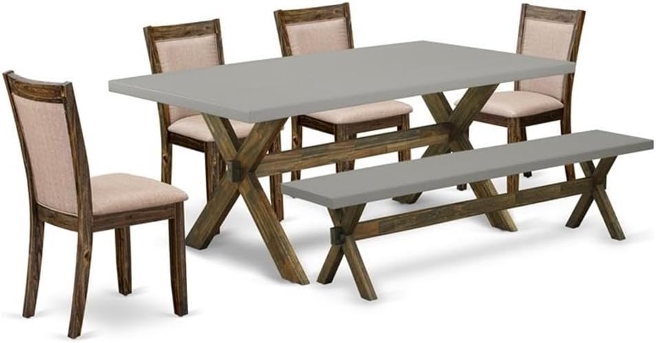 East West Furniture X797MZ716-6 6 Piece Dining Table Set Contains a Rectangle Kitchen Table with X-Legs and 4 Dark Khaki Linen Fabric Parson Chairs with a Bench, 40x72 Inch, Multi-Color