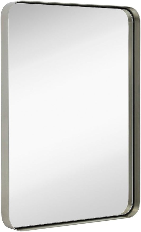 Hamilton Hills 22x30 inch Metal Silver Frame Bathroom Mirror - Brushed Steel Rectangular Rounded Corner Vanity - 2 Inch Deep Set Design - Large Wall Mirror, Hangs Horizontal and Vertical