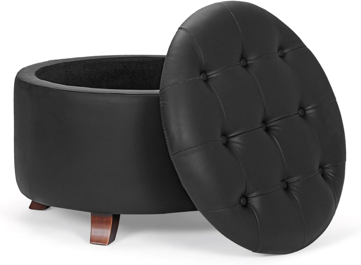 Athena Collection 24.5 Inch Small Ottoman with Storage, Round PU Leather Storage Ottoman Foot Rest with Removable Lid, Multipurpose Footstool Footrest for Livingroom, Bedroom, Dorm, Black