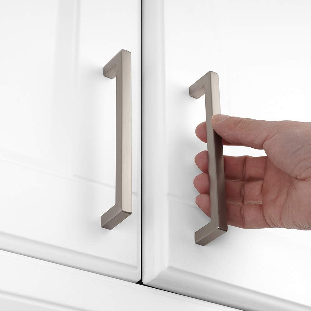 KOOFIZO Solid Square Bar Cabinet Handle - Brushed Nickel Furniture Pull, 5 Inch/128mm Screwhole Distance, 10-Pack for Kitchen Cupboard Door, Bedroom Dresser Drawer, Bathroom Wardrobe Hardware