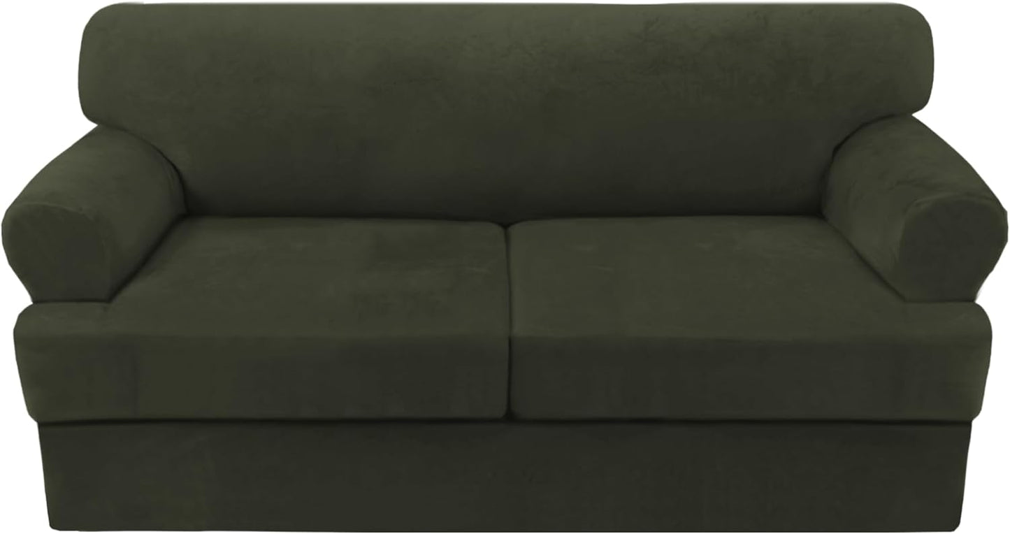 H.VERSAILTEX Sofa Cover 3 Piece T Cushion Sofa Slipcovers Thick Velvet Couch Cover Stretch T Cushion Sofa Covers for 2 Cushion Couch with 2 Individual T Cushion Covers, Olive