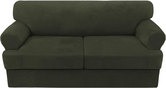 H.VERSAILTEX Sofa Cover 3 Piece T Cushion Sofa Slipcovers Thick Velvet Couch Cover Stretch T Cushion Sofa Covers for 2 Cushion Couch with 2 Individual T Cushion Covers, Olive