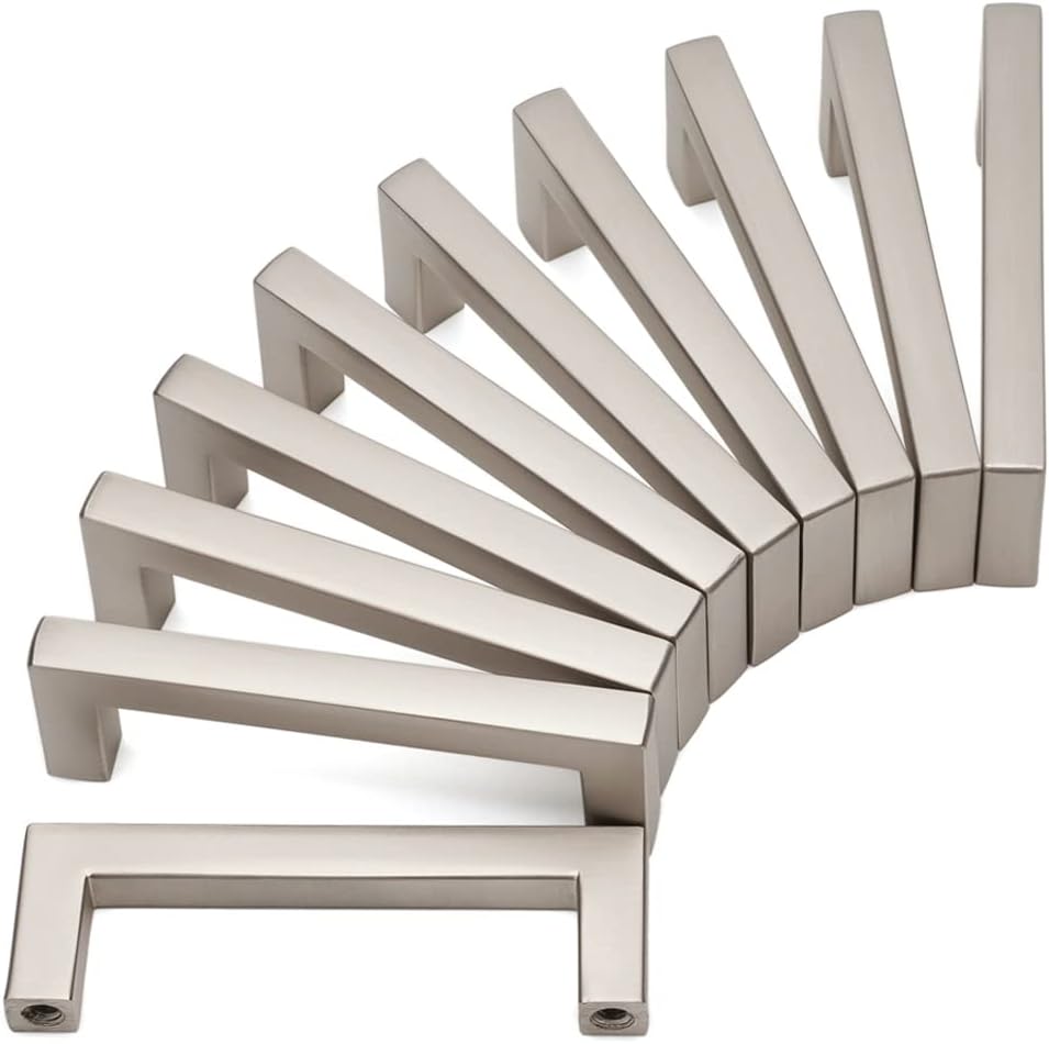 KOOFIZO Solid Square Bar Cabinet Handle - Brushed Nickel Furniture Pull, 3 Inch/76mm Screwhole Distance, 10-Pack for Kitchen Cupboard Door, Bedroom Dresser Drawer, Bathroom Wardrobe Hardware