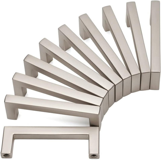 KOOFIZO Solid Square Bar Cabinet Handle - Brushed Nickel Furniture Pull, 3 Inch/76mm Screwhole Distance, 10-Pack for Kitchen Cupboard Door, Bedroom Dresser Drawer, Bathroom Wardrobe Hardware