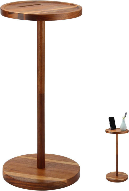 Acrylic Drink End Table, Clear Drink Table for Small Spaces with Anti-Slip Pads, 9.8" Round Modern Side Coffee Table for Living Room/Bedroom/Bathroom/Office/Outdoor/Business (Wood, Brown)