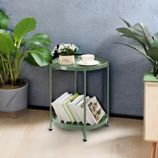 TeoKJ 2 Tier Green Side Table, Folding Round Metal End Table Small Nightstand with Two Removable Tray for Bedroom Living Room Bedside Small Spaces Dark Green