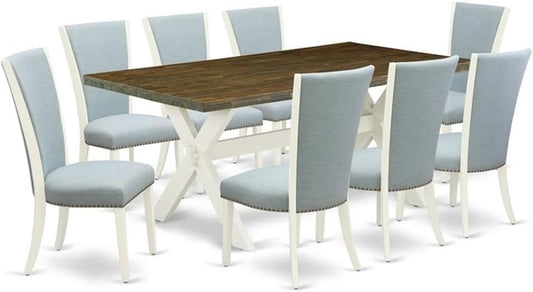 East West Furniture X077VE215-9 9 Piece Kitchen Table Set Includes a Rectangle Dining Table with X-Legs and 8 Baby Blue Linen Fabric Parson Dining Room Chairs, 40x72 Inch, Multi-Color