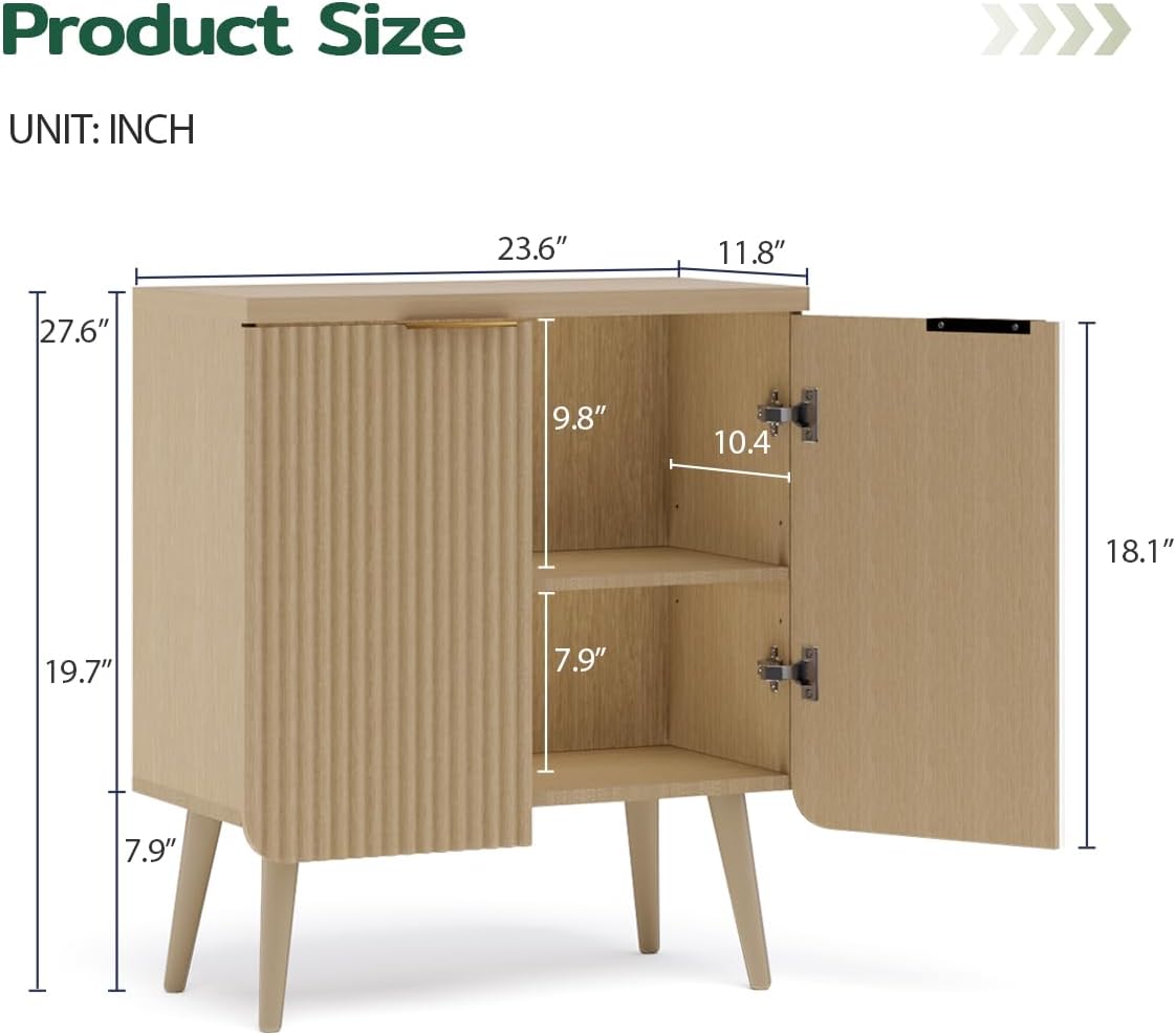23.6" Sideboard Cabinet with 2 Doors, Modern Buffet Cabinet with Adjustable Shelf, Dining Room Sideboard, Fluted Buffet Sideboard for Living Room, Hallway, Entryway, Natual Oak