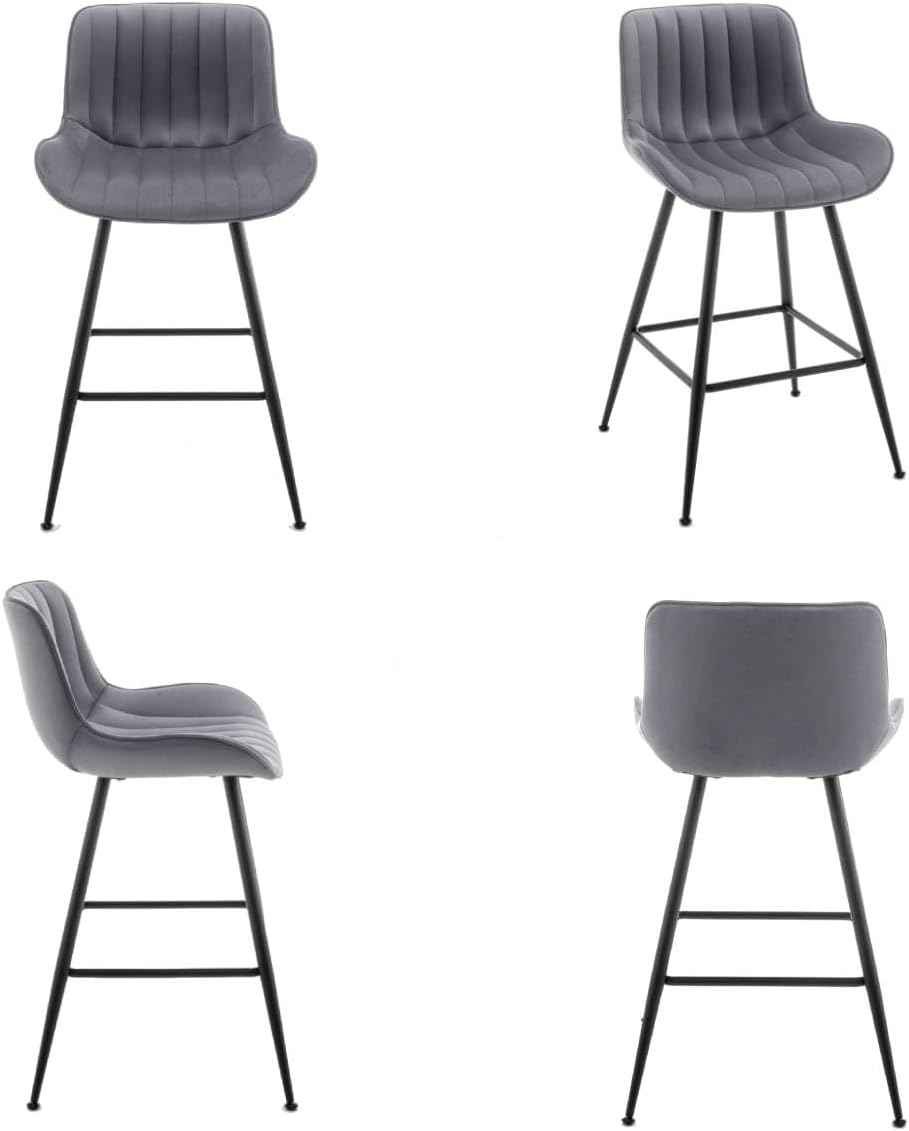 Counter Height Bar Stools, Modern Velvet Barstools Set of 2 with Black Legs and Fabric Seat and Back for Kitchen Island, Grey.