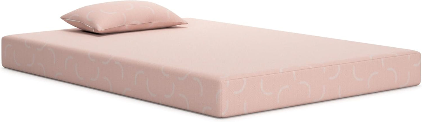 Signature Design by Ashley Full Size iKidz 7 Inch Firm Gel Memory Foam Mattress with Stretch Knit Cover & Pillow Included, Pink Coral, Fiberglass Free, Mattress in A Box