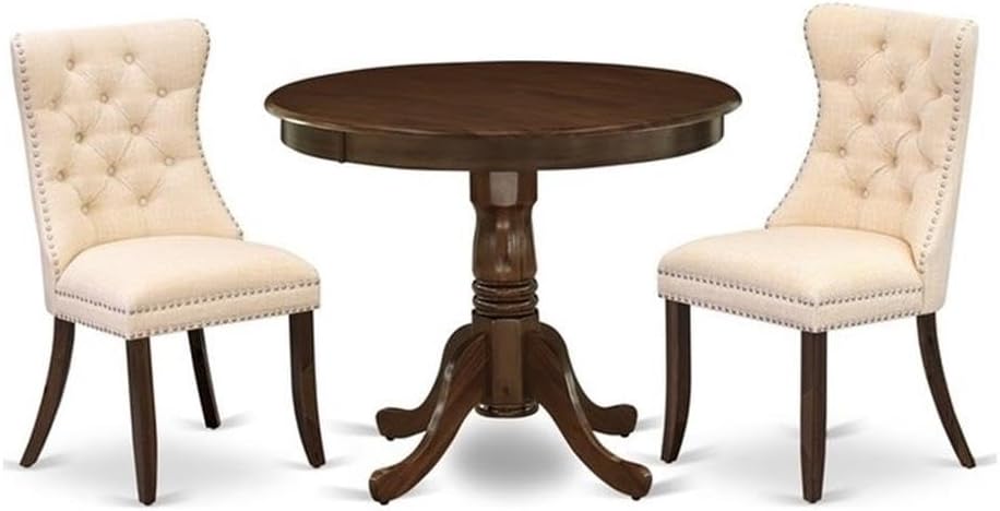 East West Furniture ANDA3-AWA-32 3 Piece Modern Dining Table Set Consists of a Round Kitchen Table with Pedestal and 2 Polyester Fabric Padded Chairs, 36x36 Inch, Antique Walnut