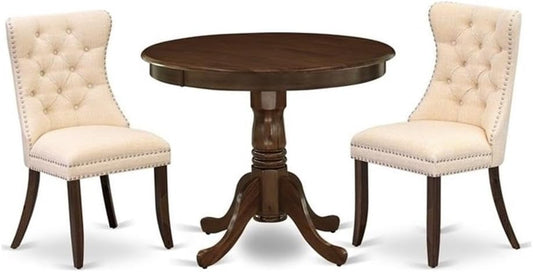 East West Furniture ANDA3-AWA-32 3 Piece Modern Dining Table Set Consists of a Round Kitchen Table with Pedestal and 2 Polyester Fabric Padded Chairs, 36x36 Inch, Antique Walnut