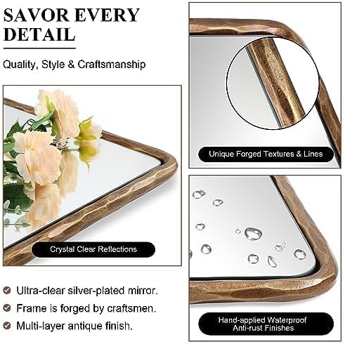 ANDY STAR Hand-Forged Gold Bathroom Mirrors for Wall, 24x36 Inch Vintage Solid Steel Metal Frame Bathroom Vanity Mirror, Antique Rounded Rectangle Wall Mirror, Hangs Horizontally or Vertically