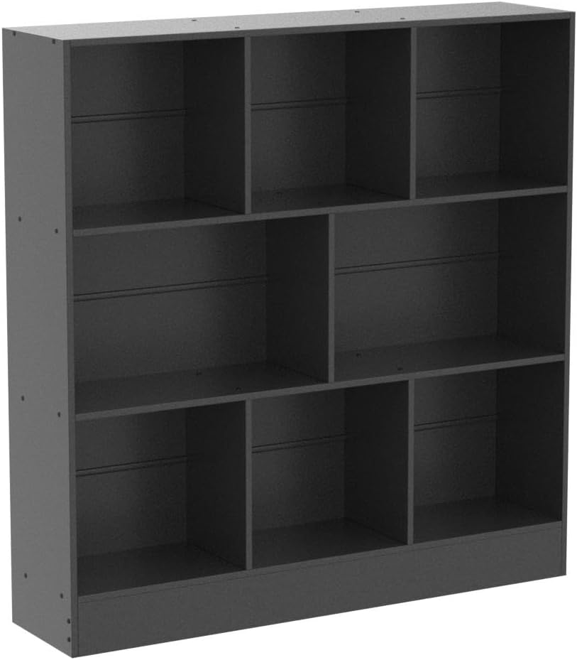 YAHARBO Black Wide Bookshelf,3 Tier Modern Horizontal Bookcase,Wood Low Bookshelves Display Storage Cabinet with Base,Floor Standing 8 Cube Large Bookcases Organizer for Bedroom,Living Room,Office
